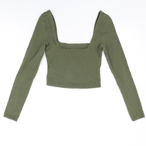 Miss Selfridge Womens Green Cotton Cropped T-Shirt Size 8 Square Neck