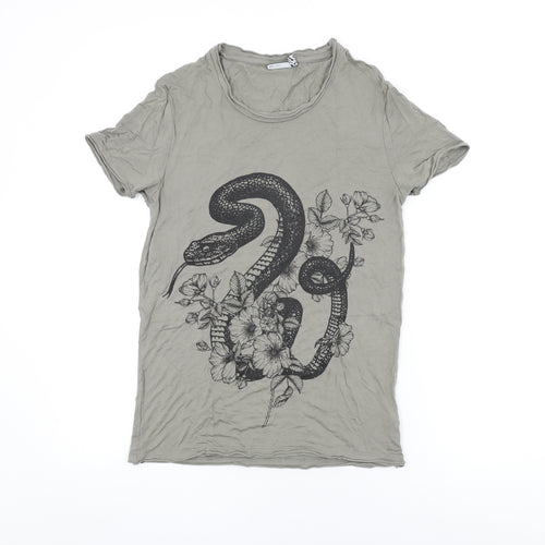 ASOS Womens Green Viscose Basic T-Shirt Size 2XS Round Neck - Snake and Floral Print