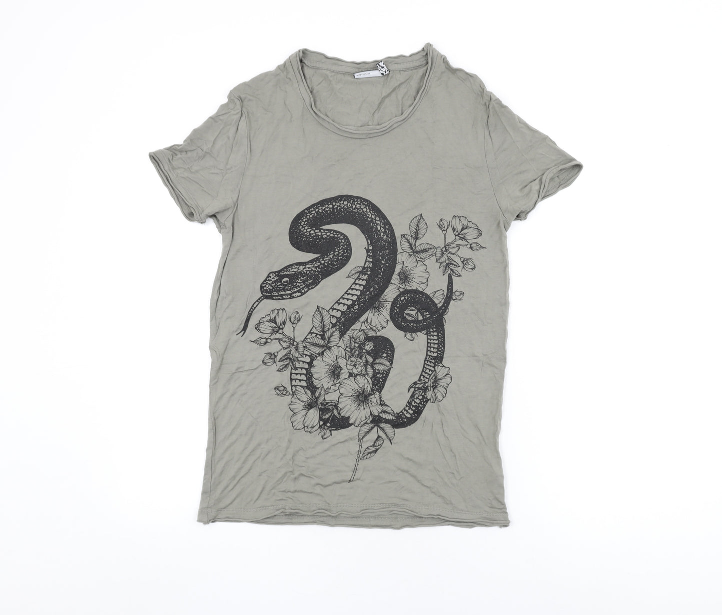 ASOS Womens Green Viscose Basic T-Shirt Size 2XS Round Neck - Snake and Floral Print