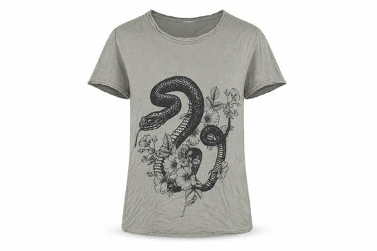 Front view of ASOS women’s green viscose basic t-shirt size 2xs round neck - snake and floral print