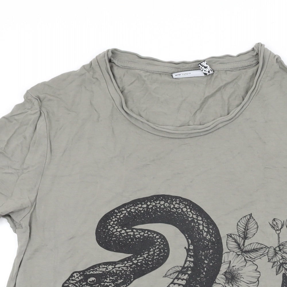 ASOS Womens Green Viscose Basic T-Shirt Size 2XS Round Neck - Snake and Floral Print