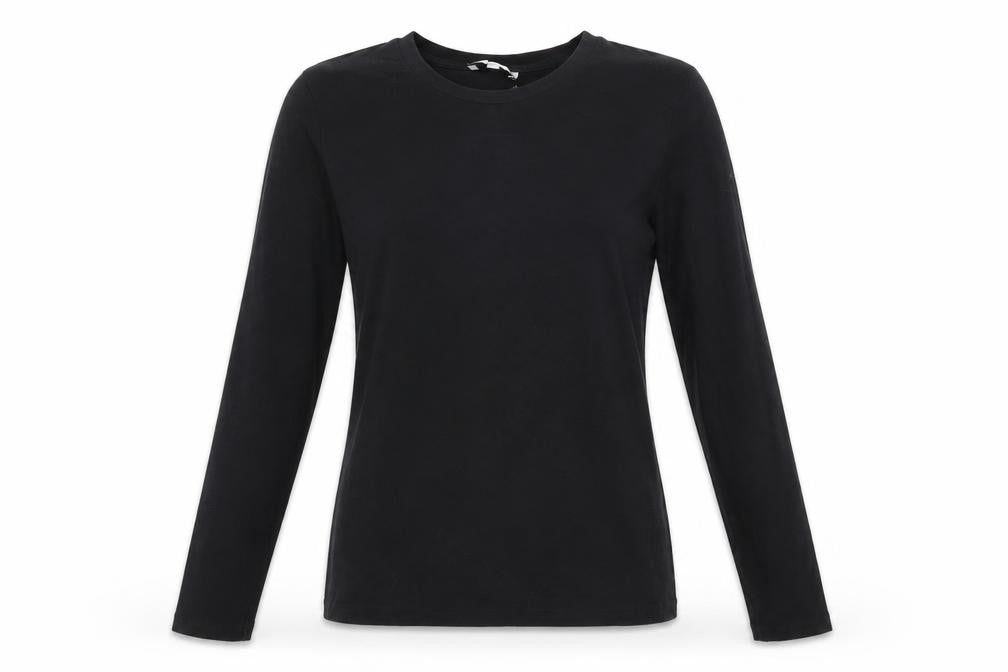 Front view of Warehouse women’s black cotton basic t-shirt, size UK 8, round neck