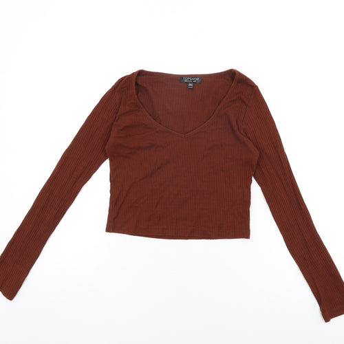 Topshop Womens Brown Cotton Cropped T-Shirt Size 8 V-Neck