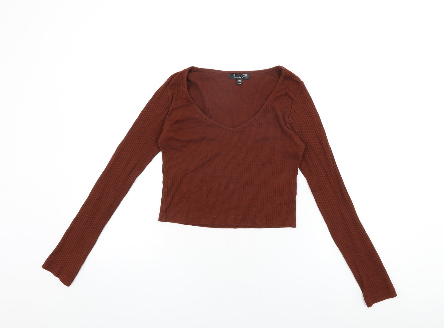Topshop Womens Brown Cotton Cropped T-Shirt Size 8 V-Neck