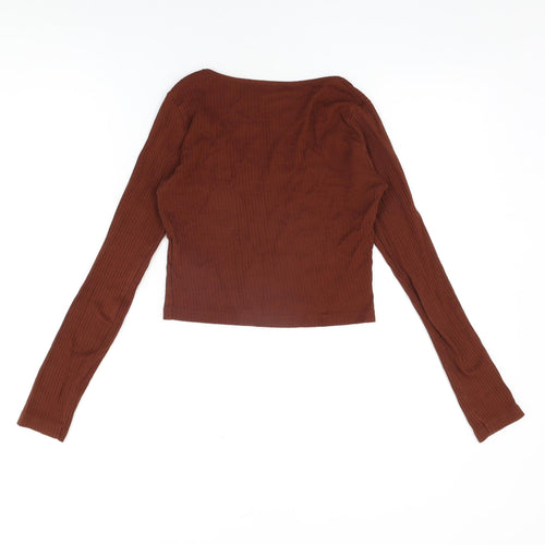 Topshop Womens Brown Cotton Cropped T-Shirt Size 8 V-Neck