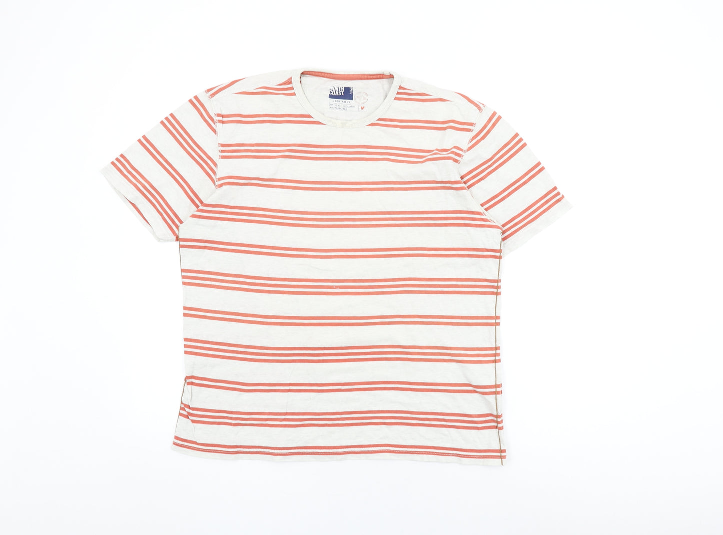 Marks and Spencer Mens White Striped Cotton T-Shirt Size M Round Neck