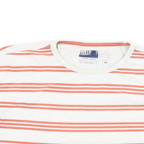 Marks and Spencer Mens White Striped Cotton T-Shirt Size M Round Neck