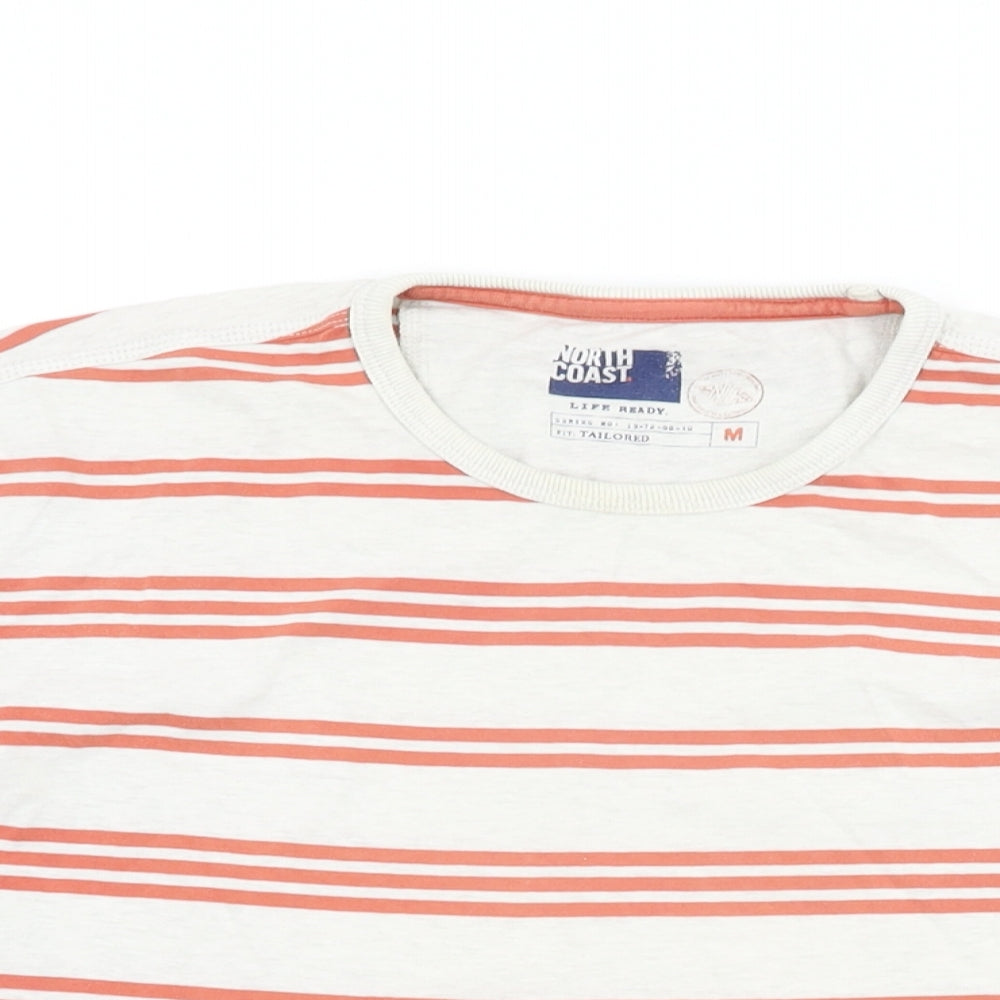 Marks and Spencer Mens White Striped Cotton T-Shirt Size M Round Neck