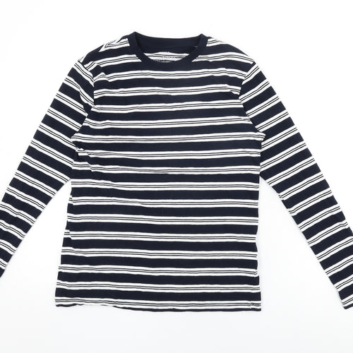 Marks and Spencer Boys Blue Striped Cotton Basic T-Shirt Size 13-14 Years Round Neck Pullover