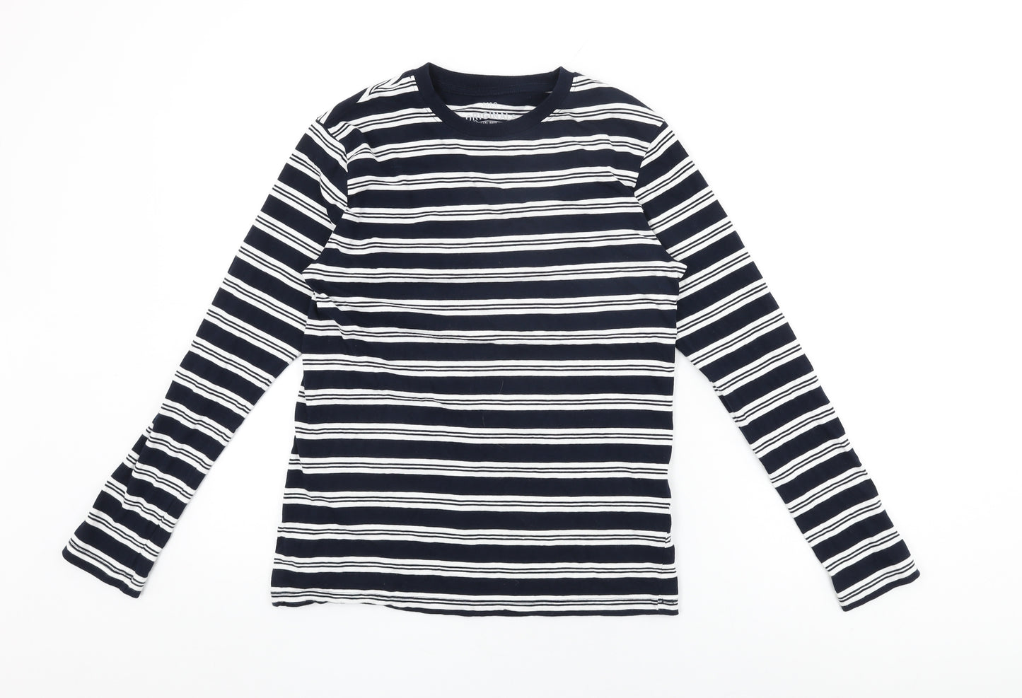 Marks and Spencer Boys Blue Striped Cotton Basic T-Shirt Size 13-14 Years Round Neck Pullover