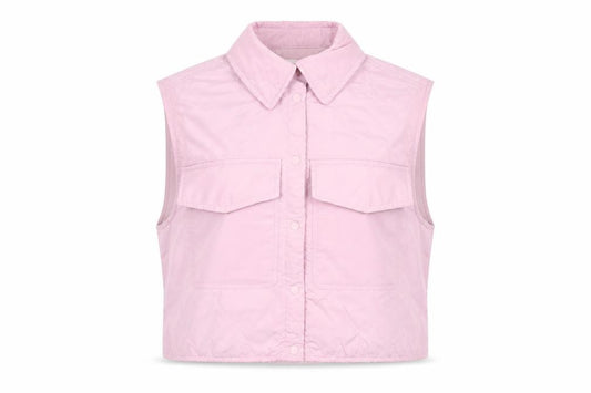 Front view of H&M women’s pink polyester basic button-up, size S, collared