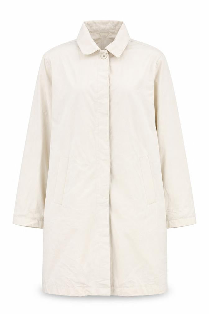 Front view of Marks & Spencer women’s beige overcoat coat, size UK 14, button