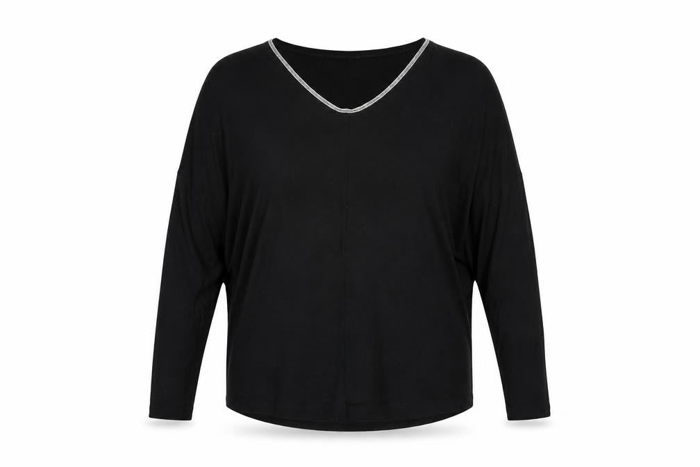 Front view of Next women’s black viscose basic t-shirt, size UK 6, v-neck