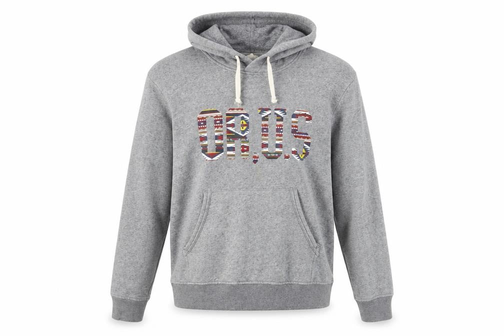 Front view of H&M men’s grey cotton pullover hoodie, size L, - or, u.s