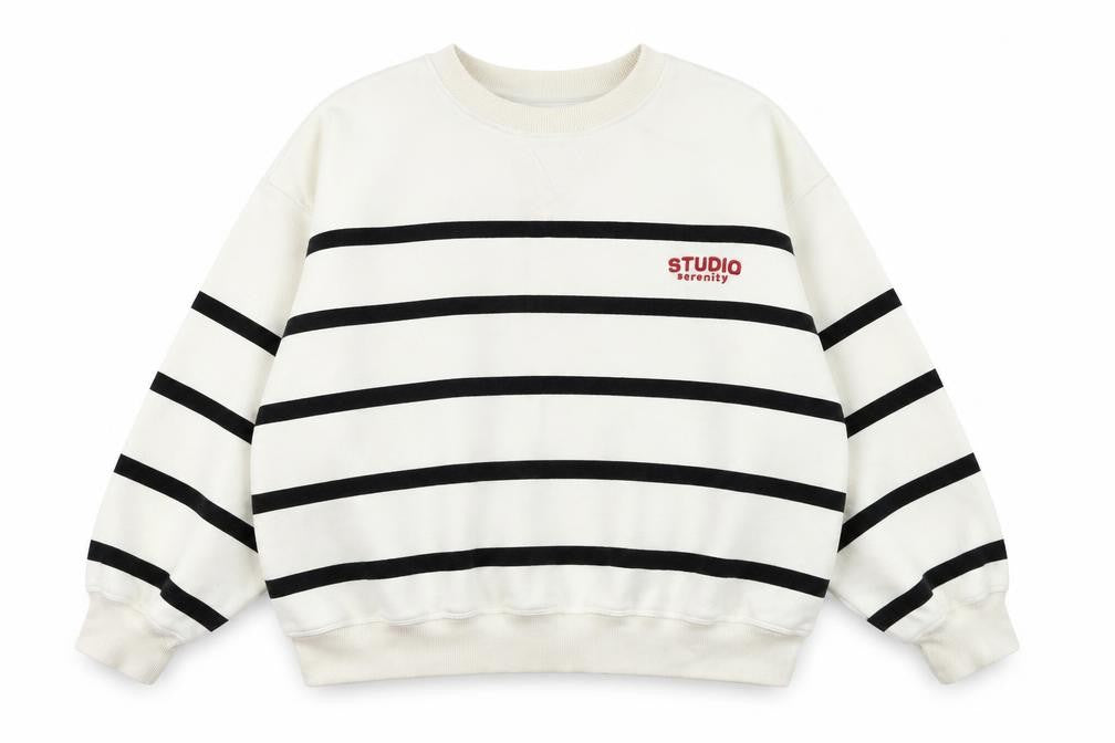 Front view of H&M women’s ivory striped cotton pullover sweatshirt, size XL, pullover - studio serenity