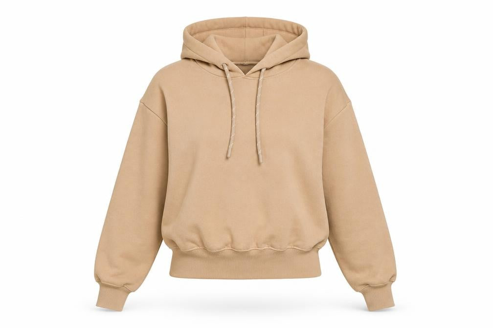 Front view of H&M women’s beige cotton pullover hoodie, size S, pullover