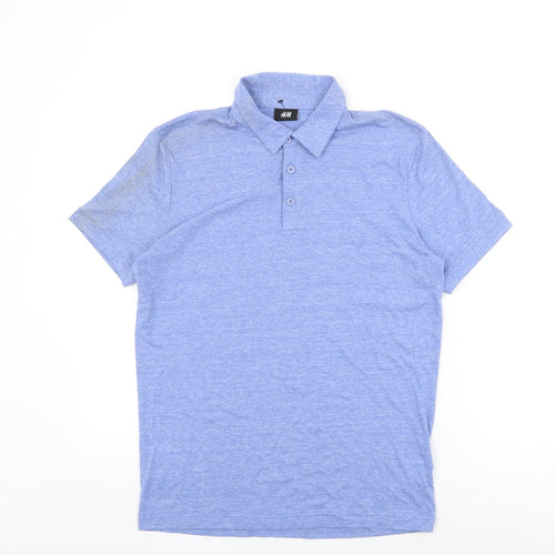 H&M Mens Blue Cotton Polo Size S Collared Button