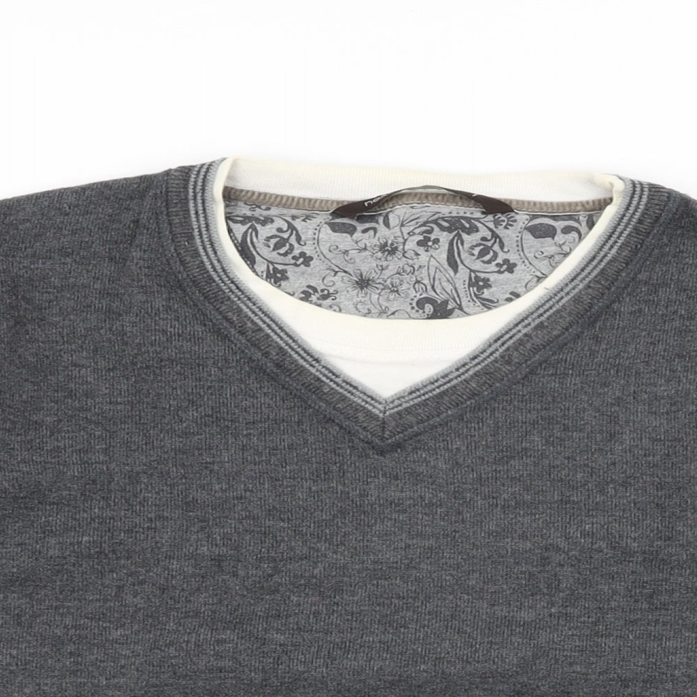 NEXT Mens Grey Cotton T-Shirt Size L V-Neck