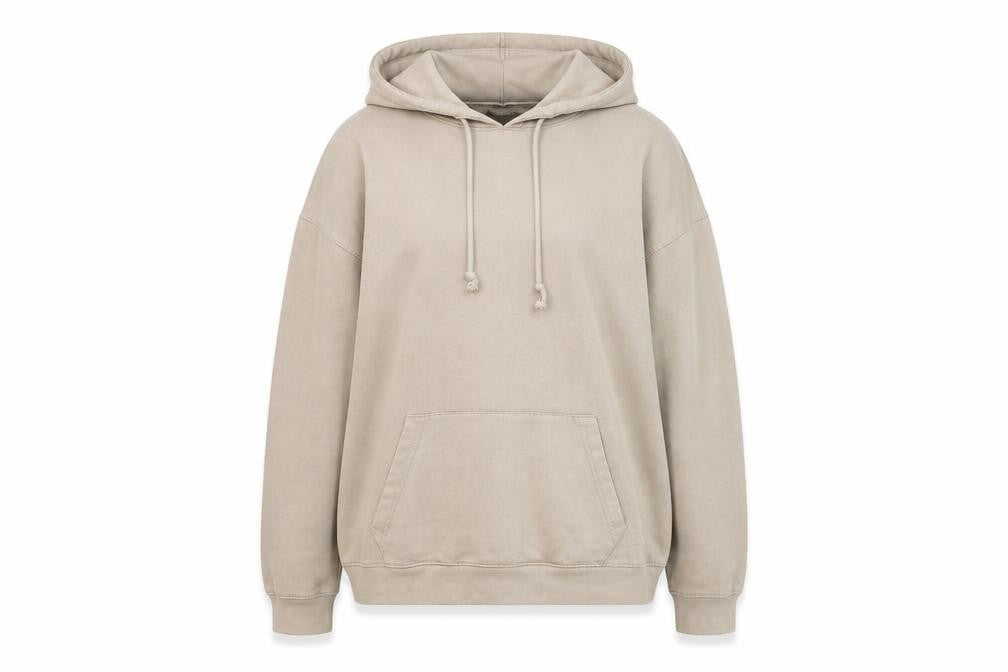 Front view of Missguided women’s beige cotton pullover hoodie, size M, pullover