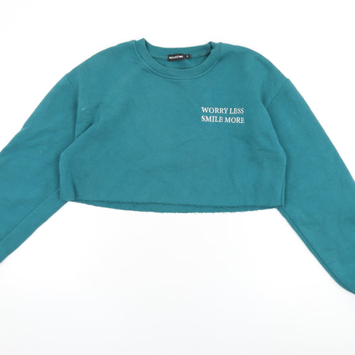 PRETTYLITTLETHING Womens Blue Cotton Pullover Sweatshirt Size S Pullover - Worry Less Smile More