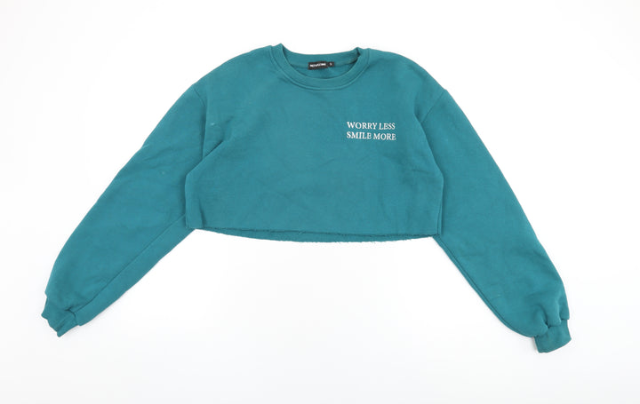 PRETTYLITTLETHING Womens Blue Cotton Pullover Sweatshirt Size S Pullover - Worry Less Smile More