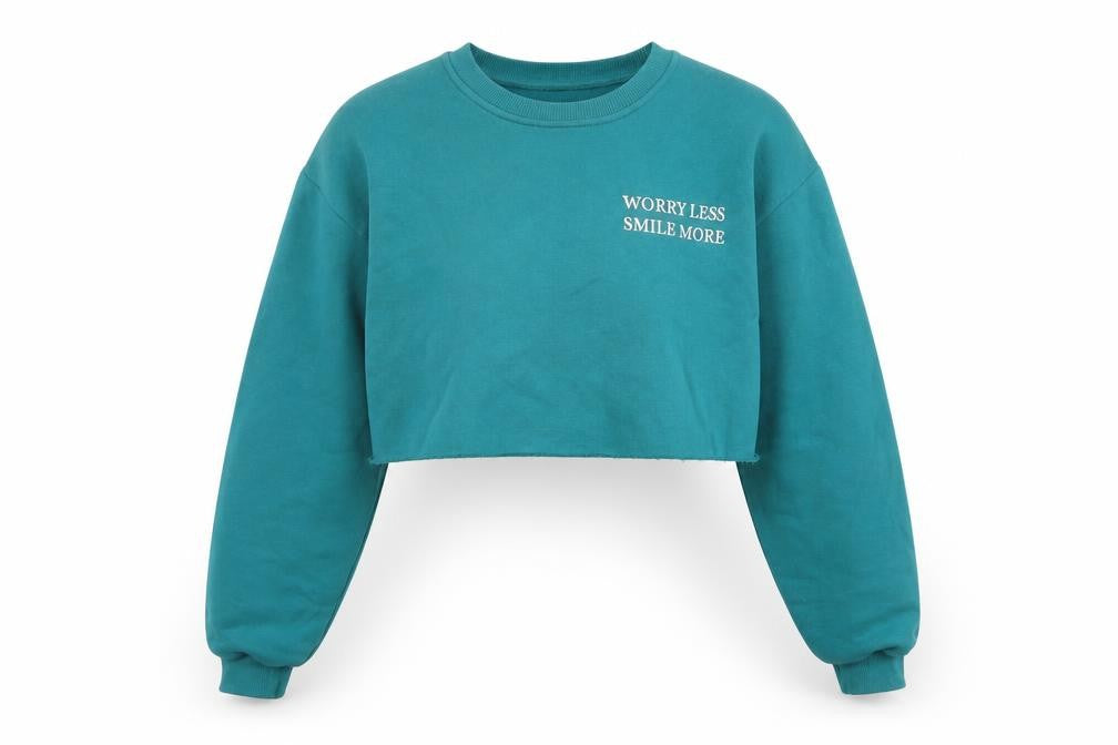 Front view of PRETTYLITTLETHING women’s blue cotton pullover sweatshirt, size S, pullover - worry less smile more