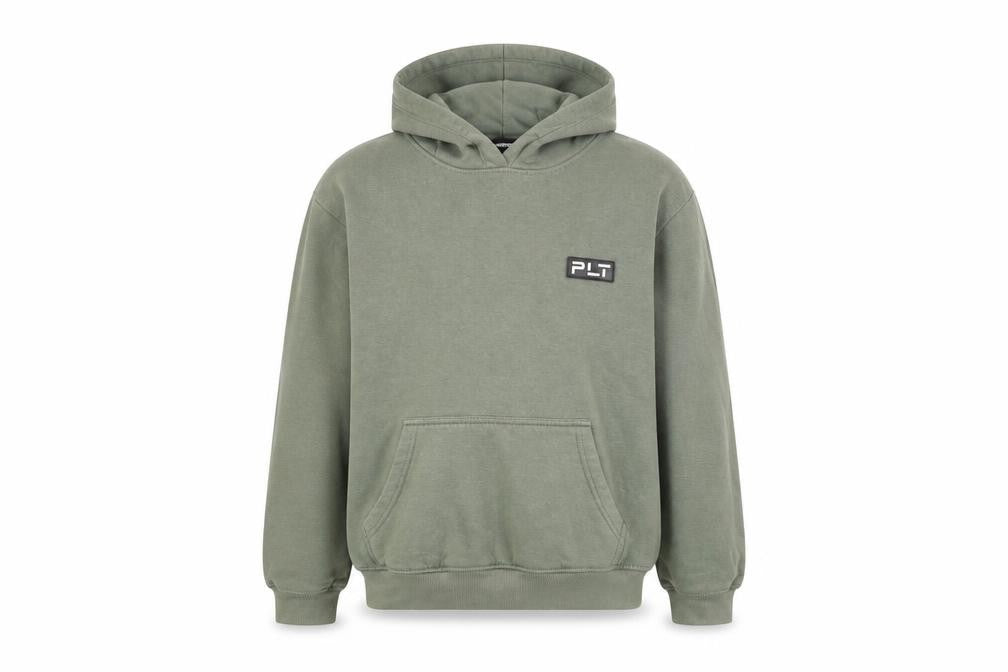 Front view of PRETTYLITTLETHING women’s green cotton pullover hoodie, size UK 10, pullover