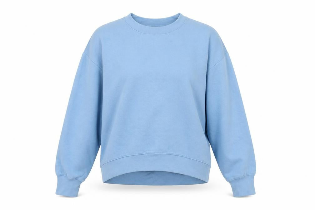 Front view of Zara women’s blue cotton pullover sweatshirt, size M, pullover