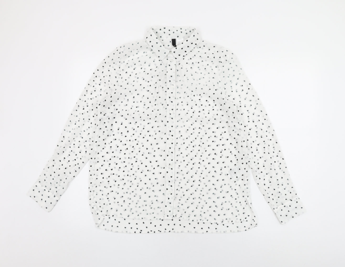 H&M Womens White Geometric Polyester Basic Button-Up Size 12 Collared - Heart Print