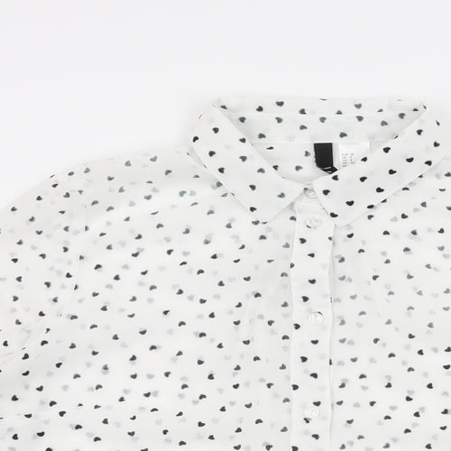 H&M Womens White Geometric Polyester Basic Button-Up Size 12 Collared - Heart Print