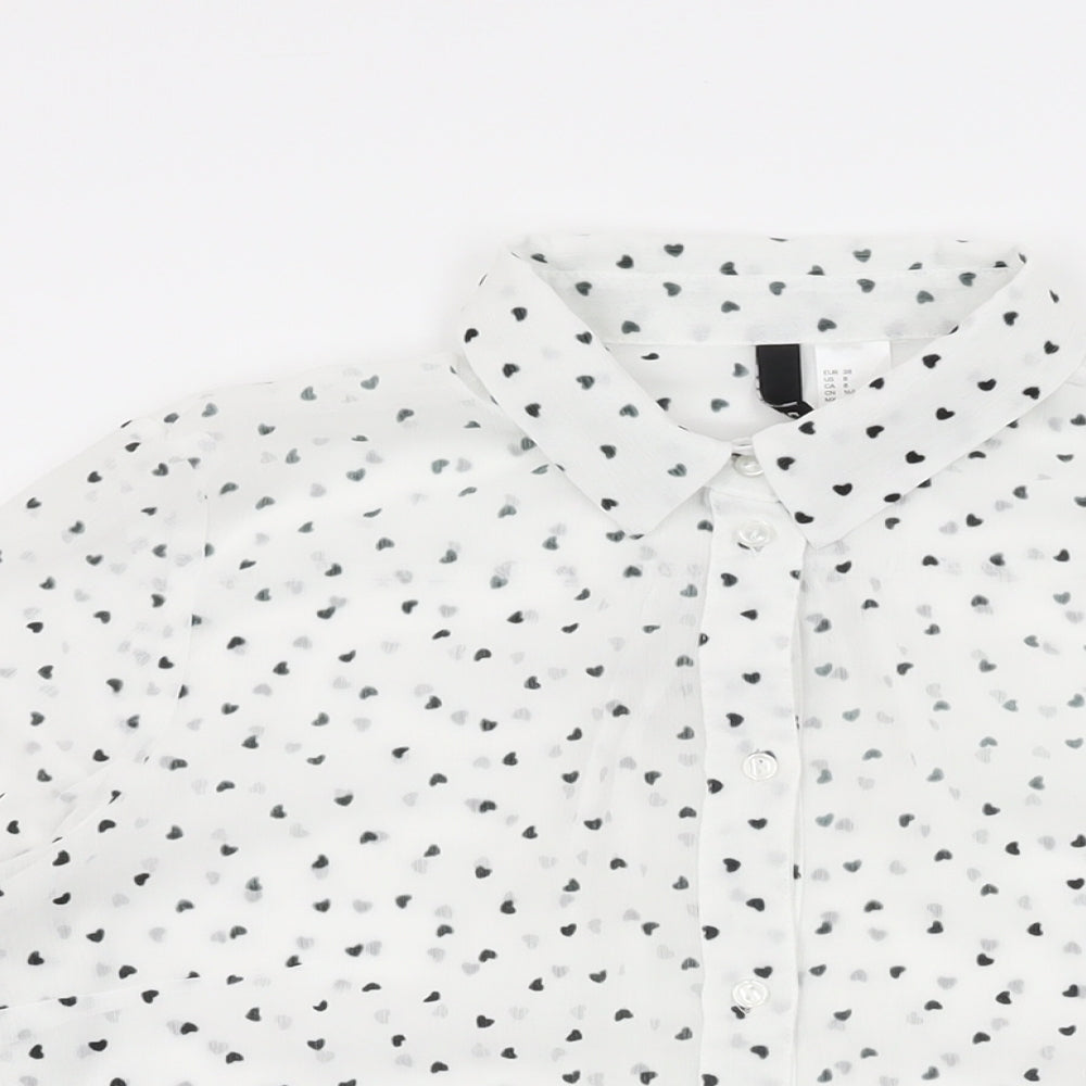 H&M Womens White Geometric Polyester Basic Button-Up Size 12 Collared - Heart Print