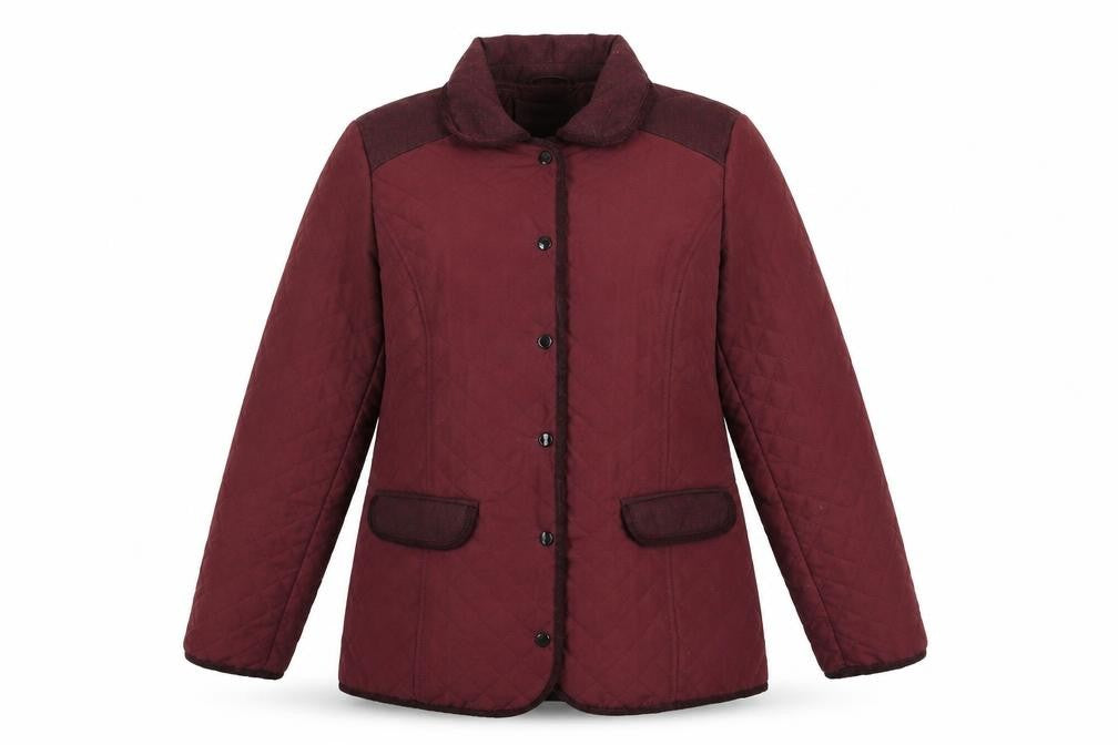 Front view of EWM women’s red quilted coat, size UK 14, snap