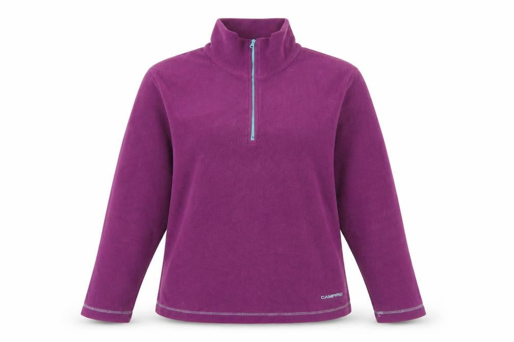 Front view of Campri women’s purple polyester pullover sweatshirt, size UK 12, zip