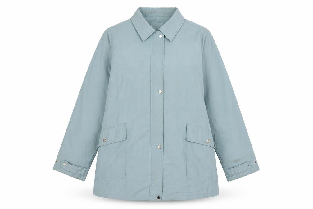 Front view of EWM women’s blue overcoat coat, size UK 22, zip
