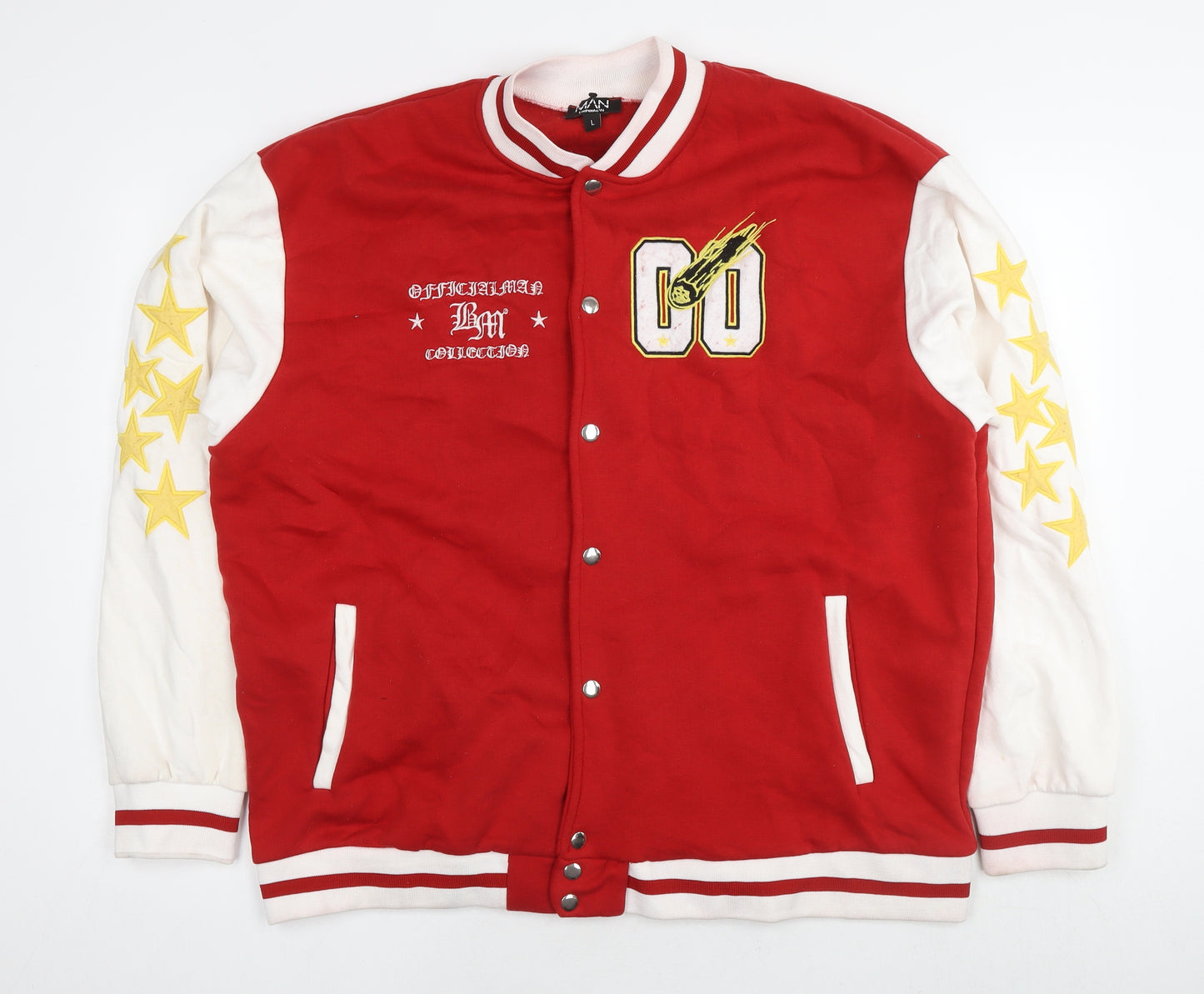 Boohoo Mens Red Varsity Jacket Coat Size L Snap - Colourblock Pattern Logo