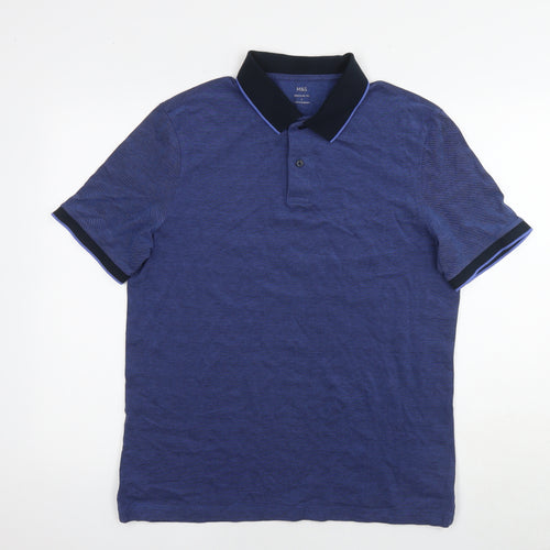 Marks and Spencer Mens Blue Cotton Polo Size L Collared Pullover