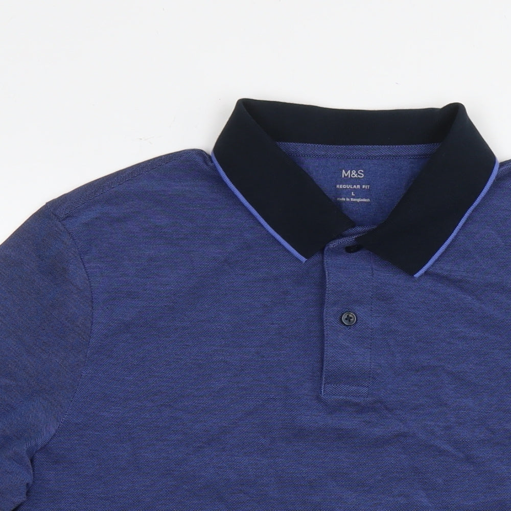 Marks and Spencer Mens Blue Cotton Polo Size L Collared Pullover