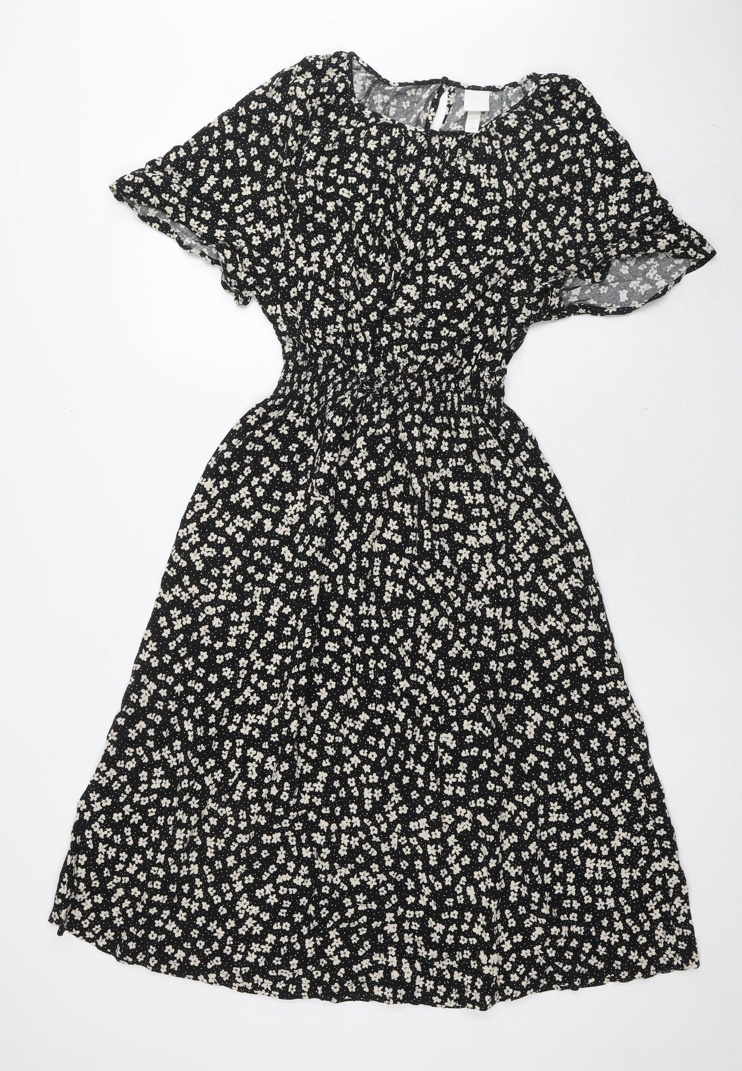 H&M Womens Black Floral Viscose Fit & Flare Size S Round Neck Pullover