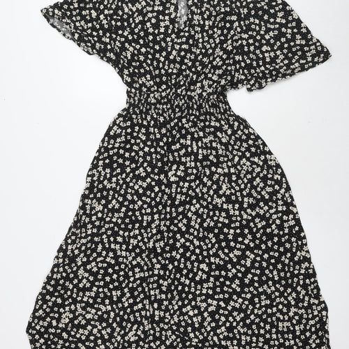 H&M Womens Black Floral Viscose Fit & Flare Size S Round Neck Pullover