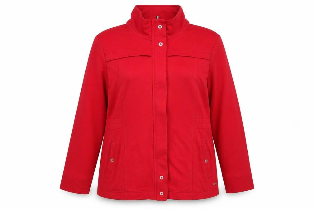 Front view of Dash women’s red cotton full zip sweatshirt, size UK 20, zip