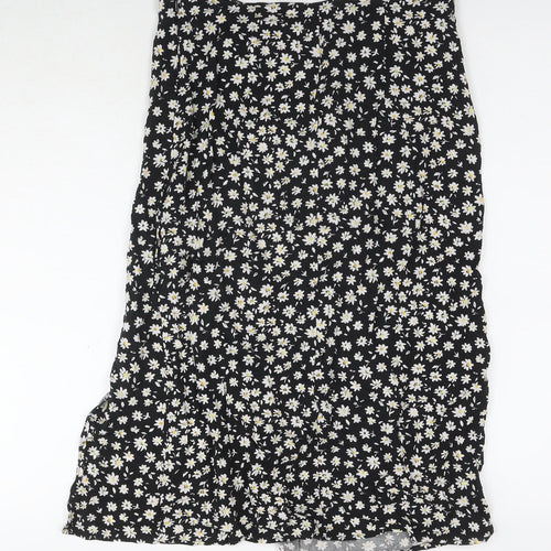 Divided by H&M Womens Black Floral Viscose A-Line Skirt Size 10 Zip - Side Slit(s)