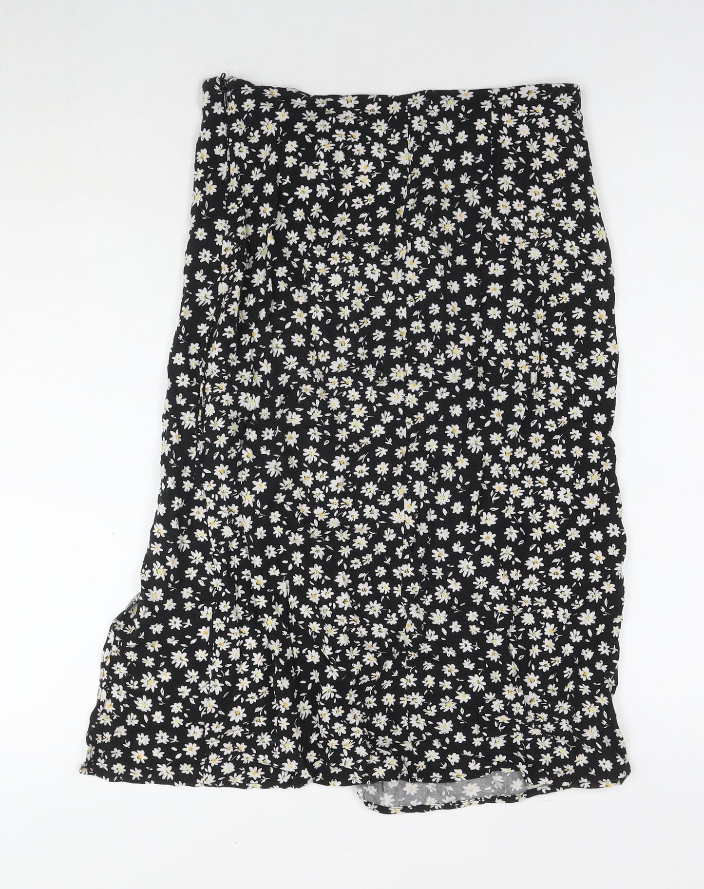 Divided by H&M Womens Black Floral Viscose A-Line Skirt Size 10 Zip - Side Slit(s)