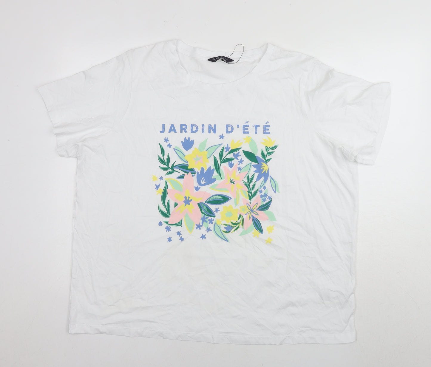 Marks and Spencer Womens White Cotton Basic T-Shirt Size 22 Round Neck - Flowers