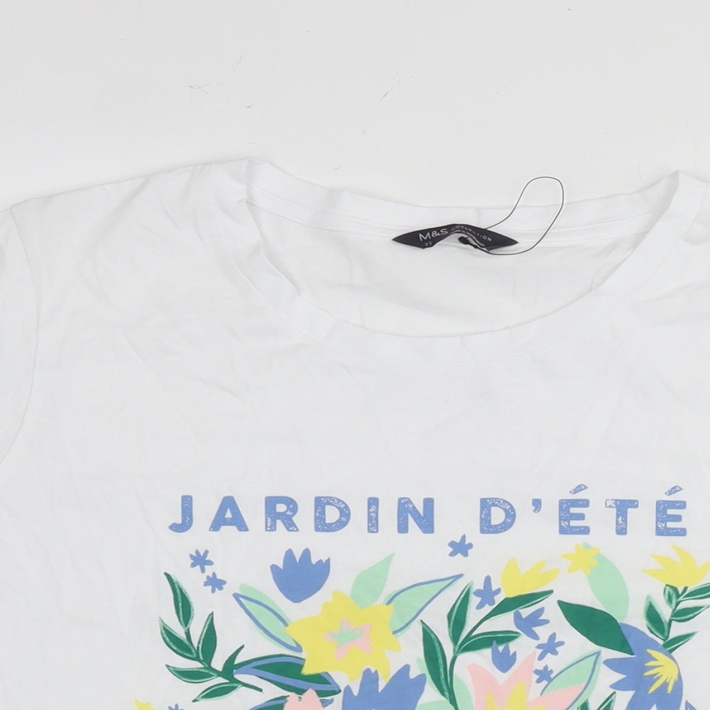 Marks and Spencer Womens White Cotton Basic T-Shirt Size 22 Round Neck - Flowers