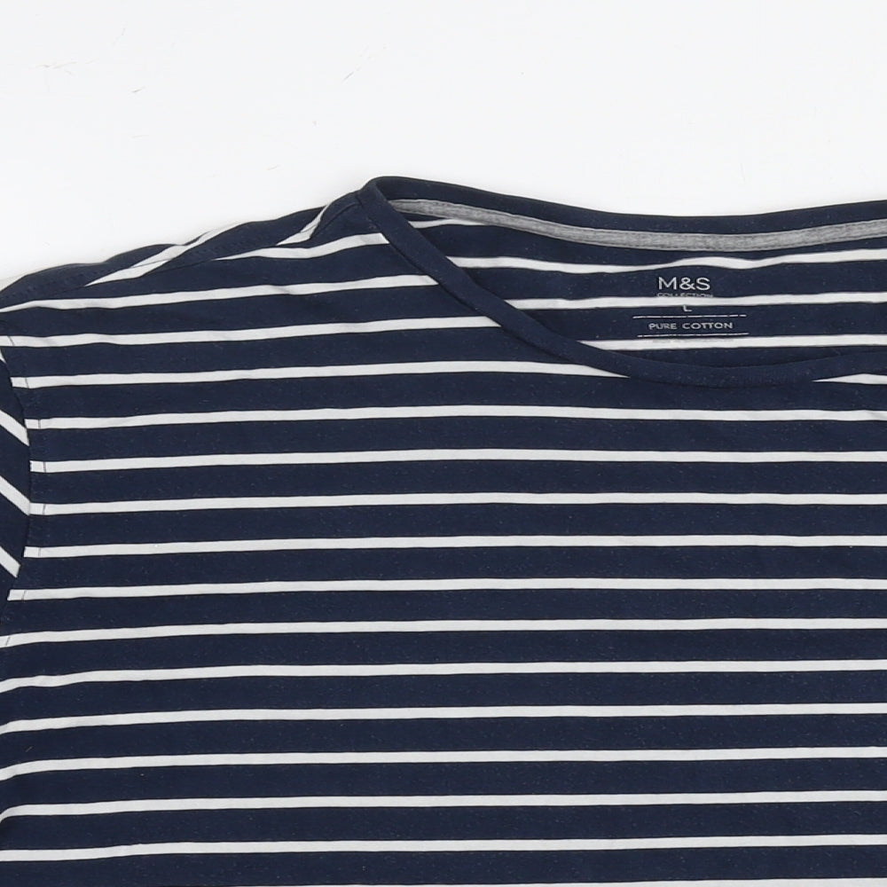 Marks and Spencer Womens Blue Striped Cotton Basic T-Shirt Size L Round Neck