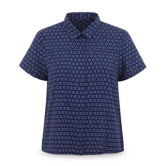 Front view of Marks & Spencer women’s blue floral cotton basic button-up, size UK 8, collared