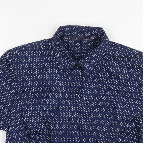Marks and Spencer Womens Blue Floral Cotton Basic Button-Up Size 8 Collared