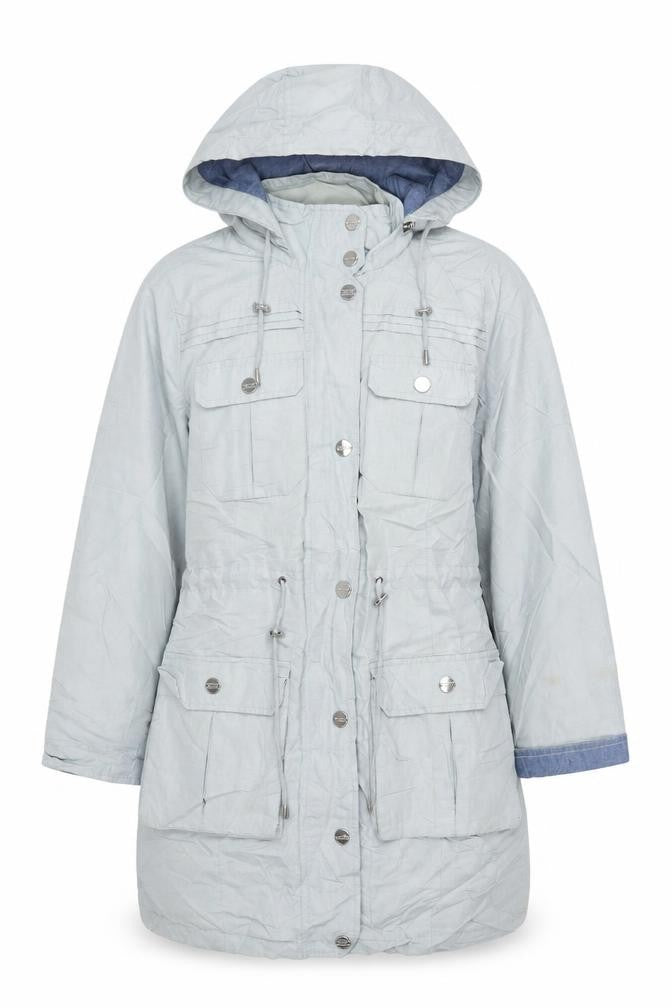 Front view of Per Una women’s blue parka jacket, size UK 8, zip