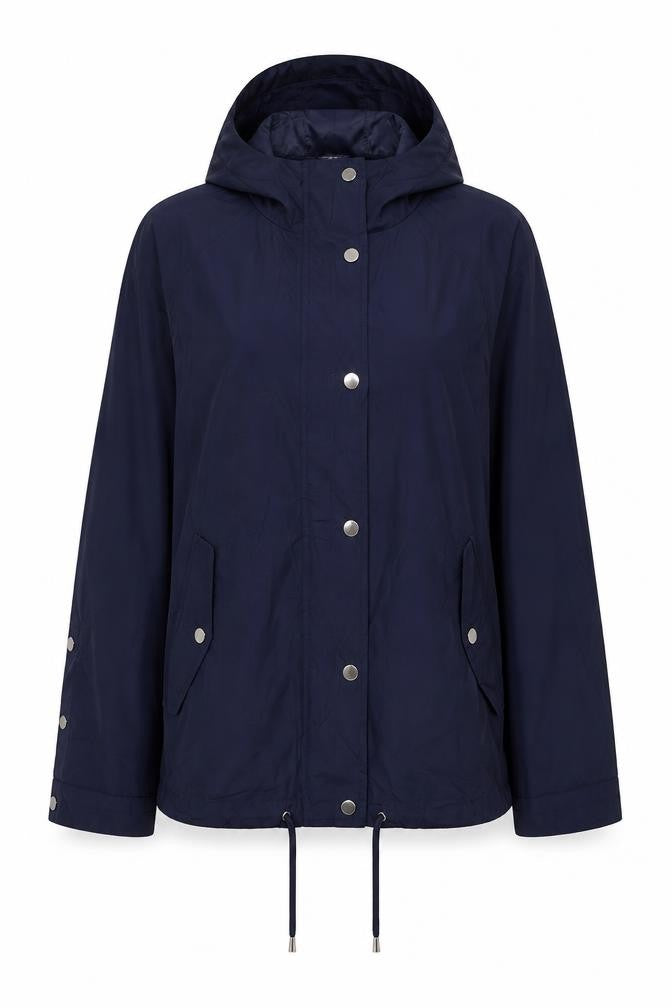 Front view of M&Co women’s blue parka jacket, size UK 10, zip