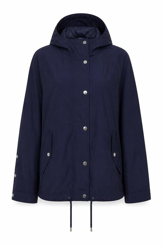 Front view of M&Co women’s blue parka jacket, size UK 10, zip